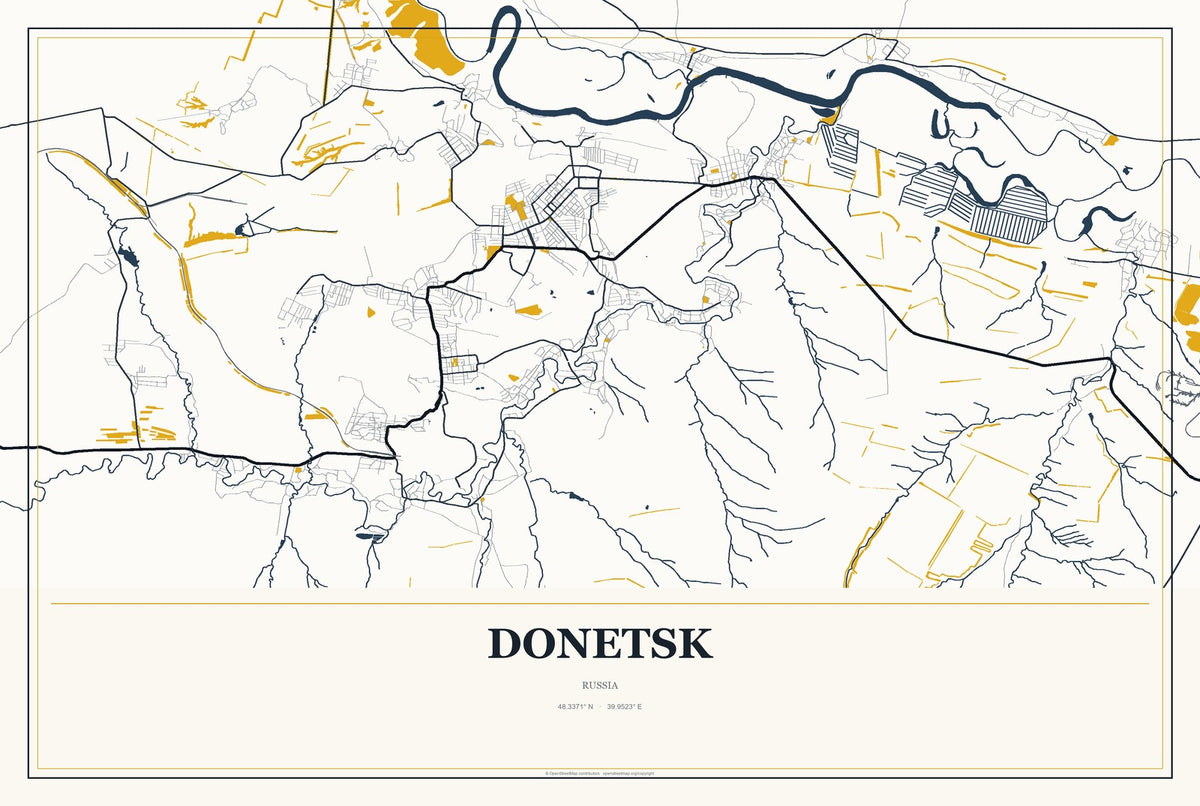 Donetsk, Russia City Map Aluminum Sign in Citrine Modern style
