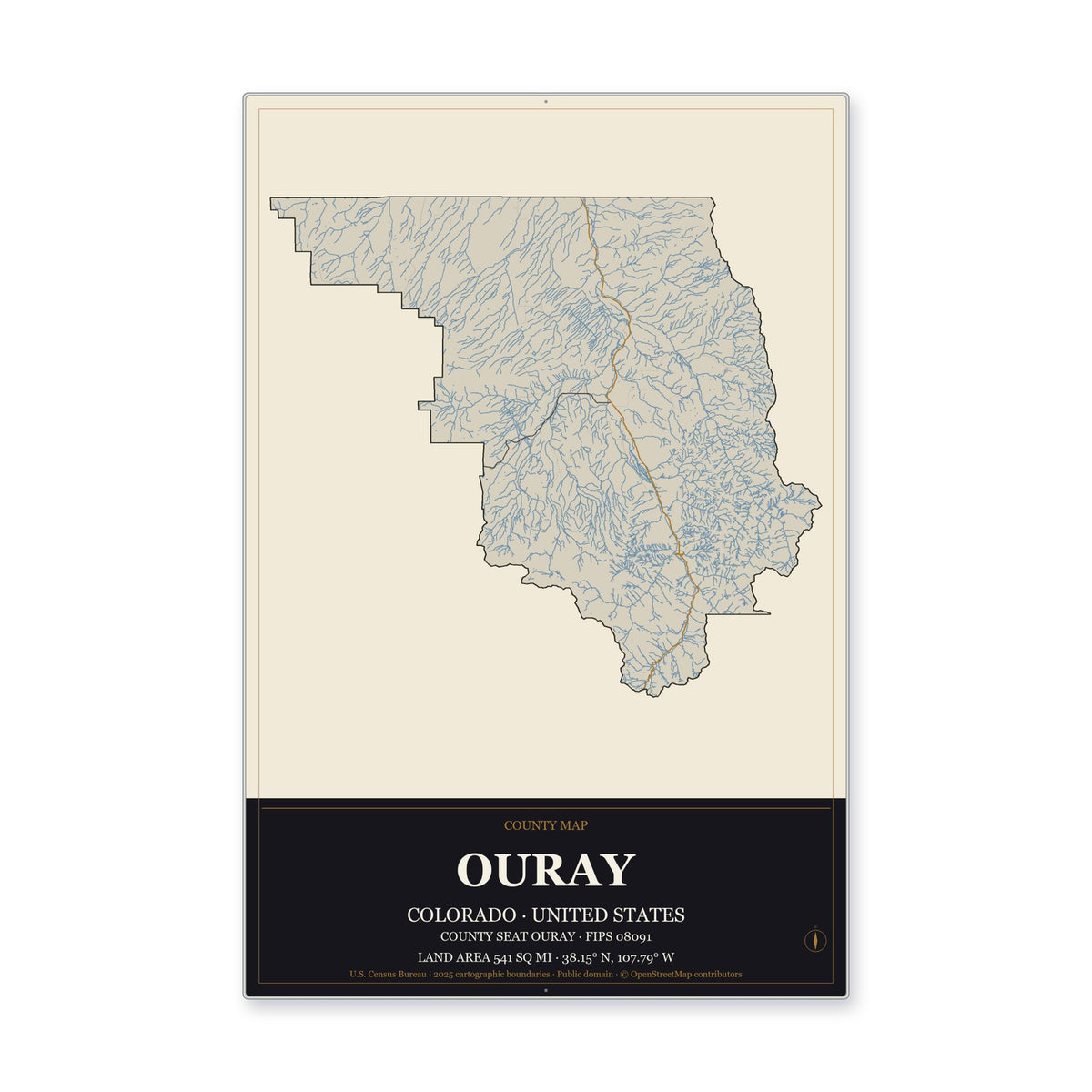 Ouray County, Colorado Map Aluminum Sign in Museum Plaque style