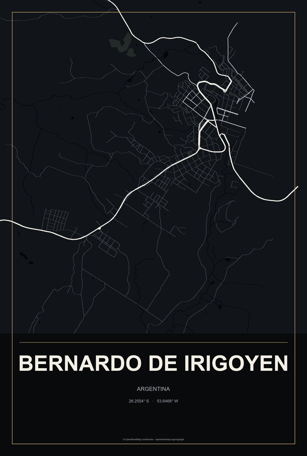 Bernardo de Irigoyen, Argentina City Map Aluminum Sign in Metropolitan Noir style