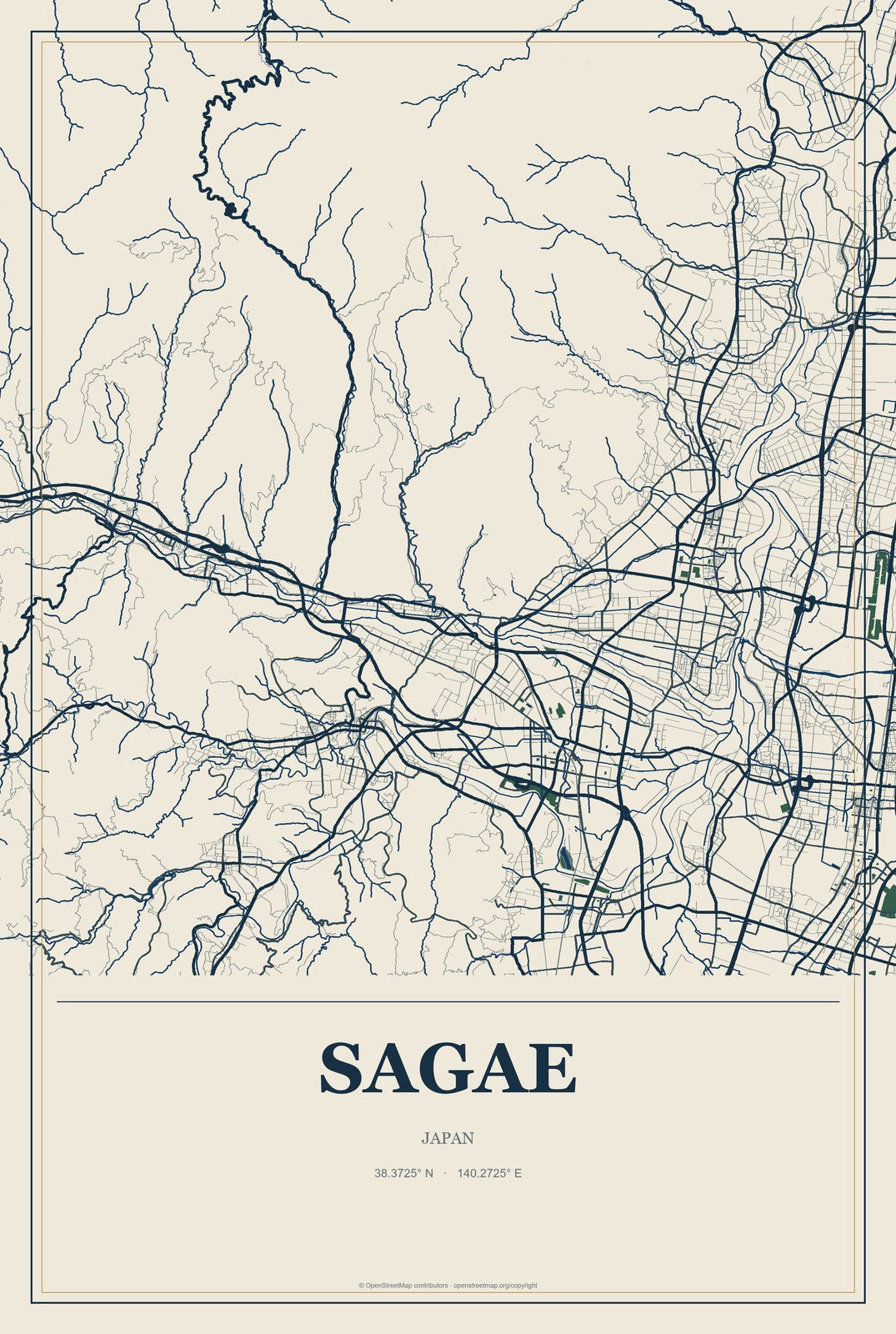 Sagae, Japan City Map Aluminum Sign in Coastal Cutout style
