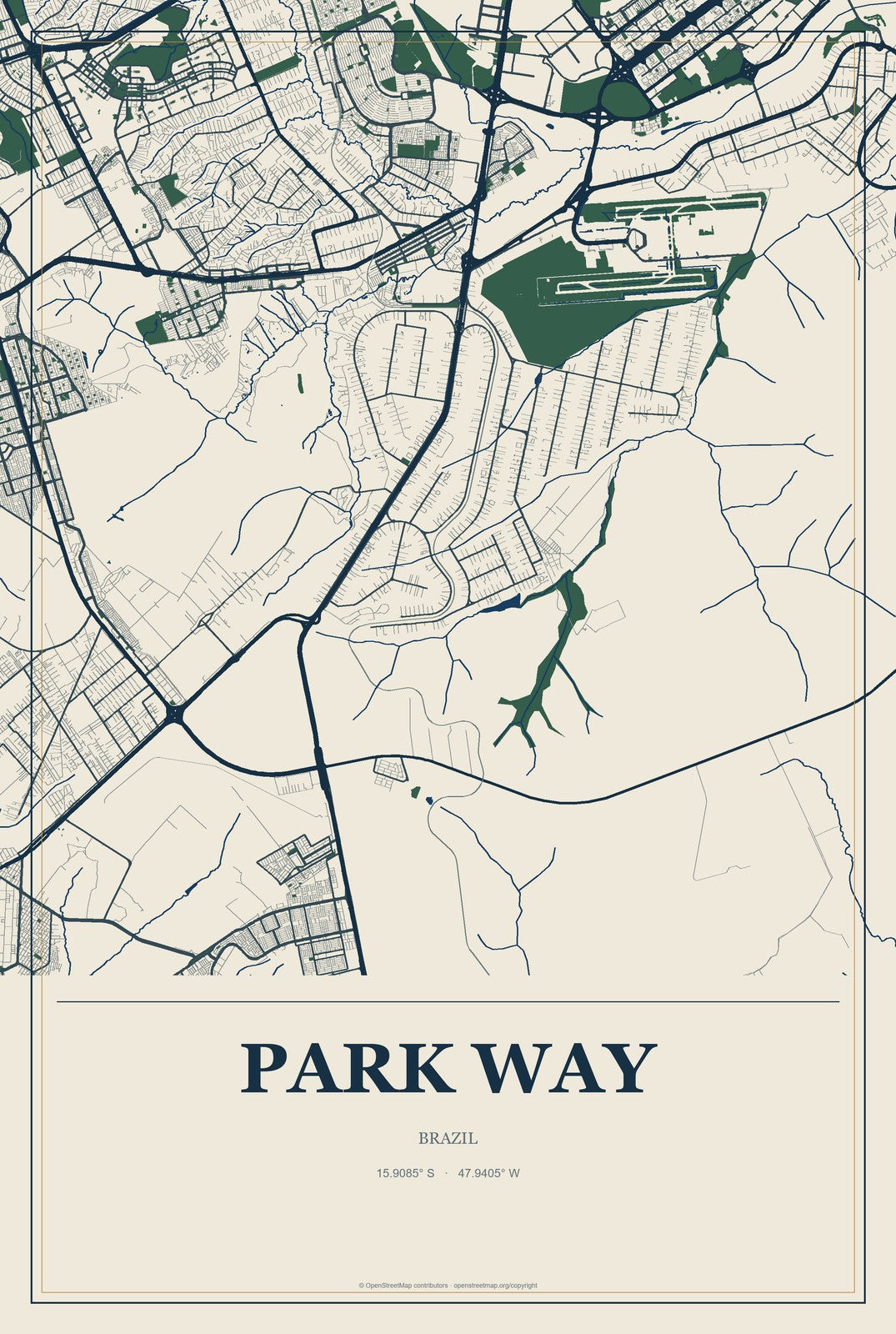 Park Way, Brazil City Map Aluminum Sign in Coastal Cutout style