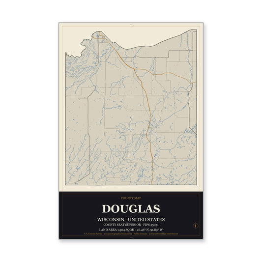 Douglas County, Wisconsin Map Aluminum Sign in Museum Plaque style