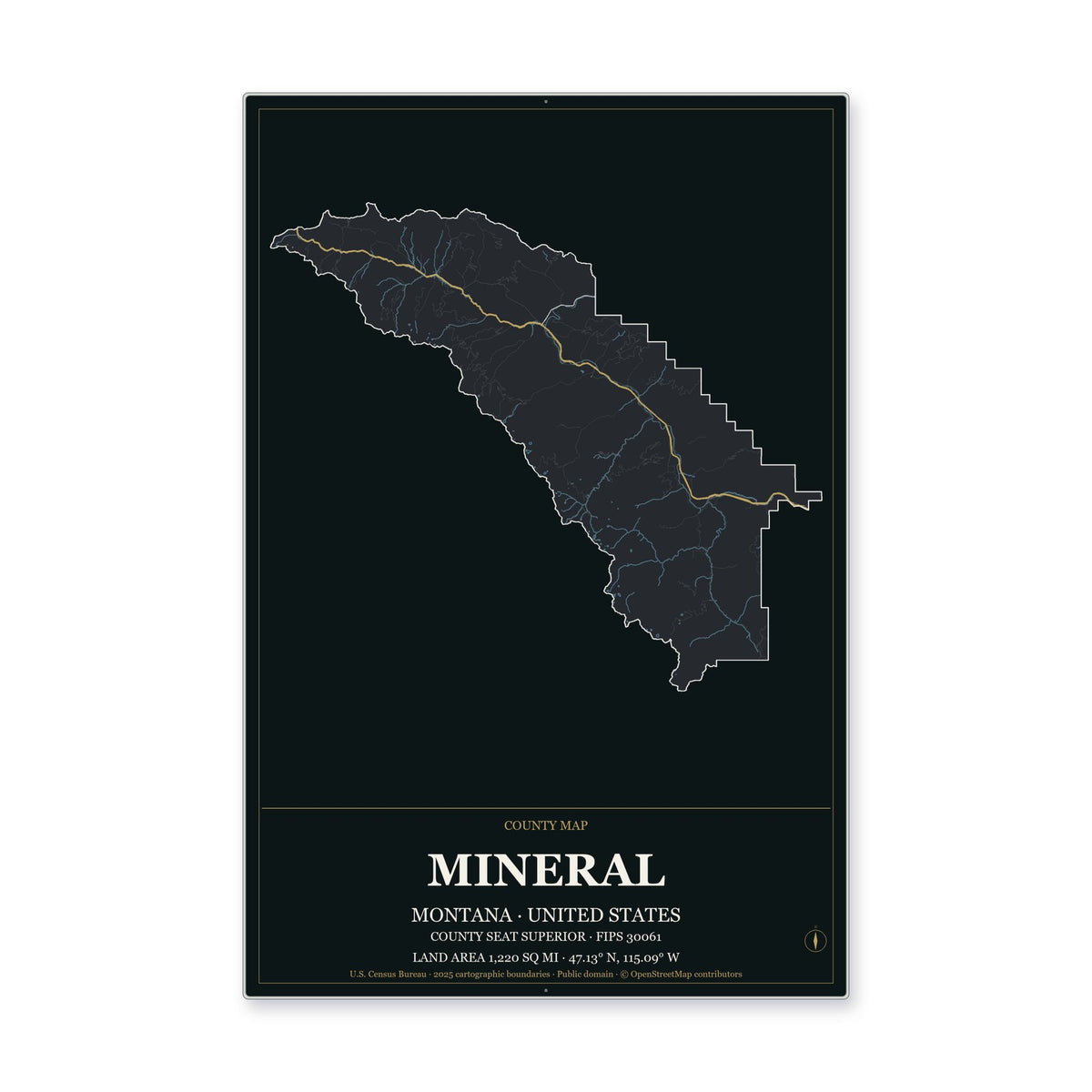 Mineral County, Montana Map Aluminum Sign in Metropolitan Noir style