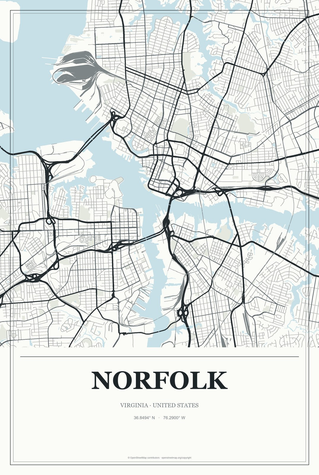 Norfolk, Virginia City Map Aluminum Sign in Gallery Air style