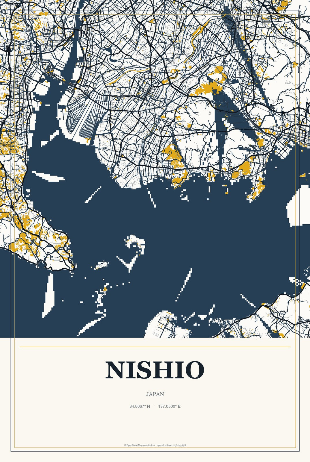 Nishio, Japan City Map Aluminum Sign in Citrine Modern style