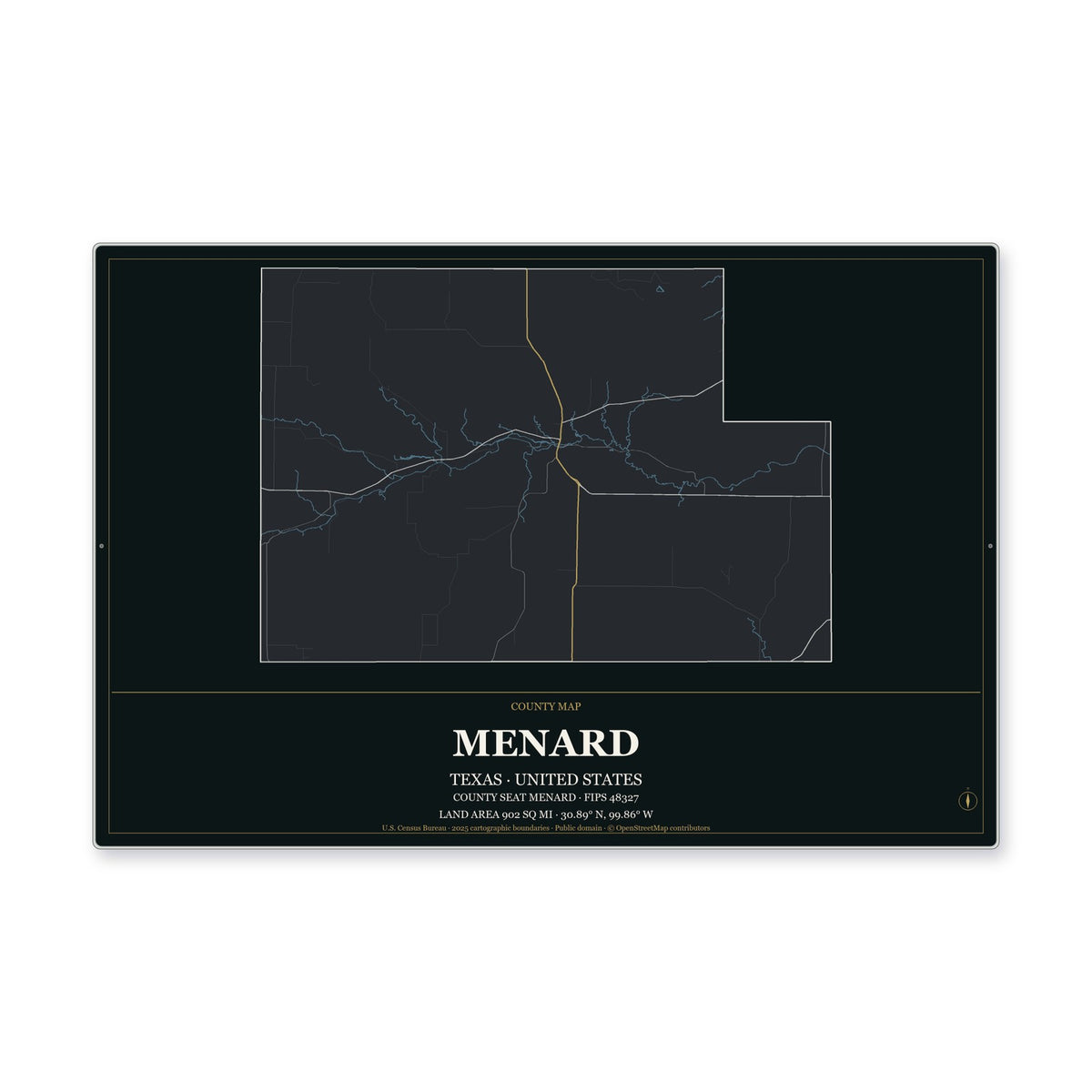 Menard County, Texas Map Aluminum Sign in Metropolitan Noir style