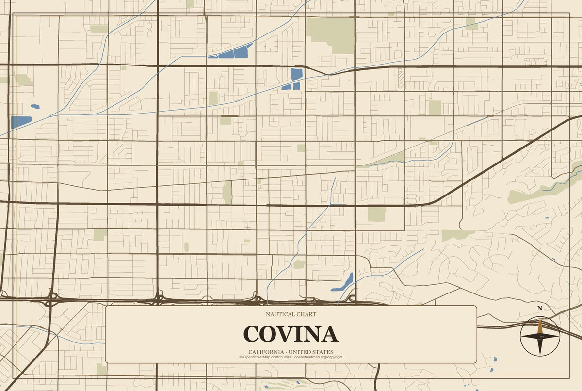 Covina, California City Map Aluminum Sign in Heritage Nautical style