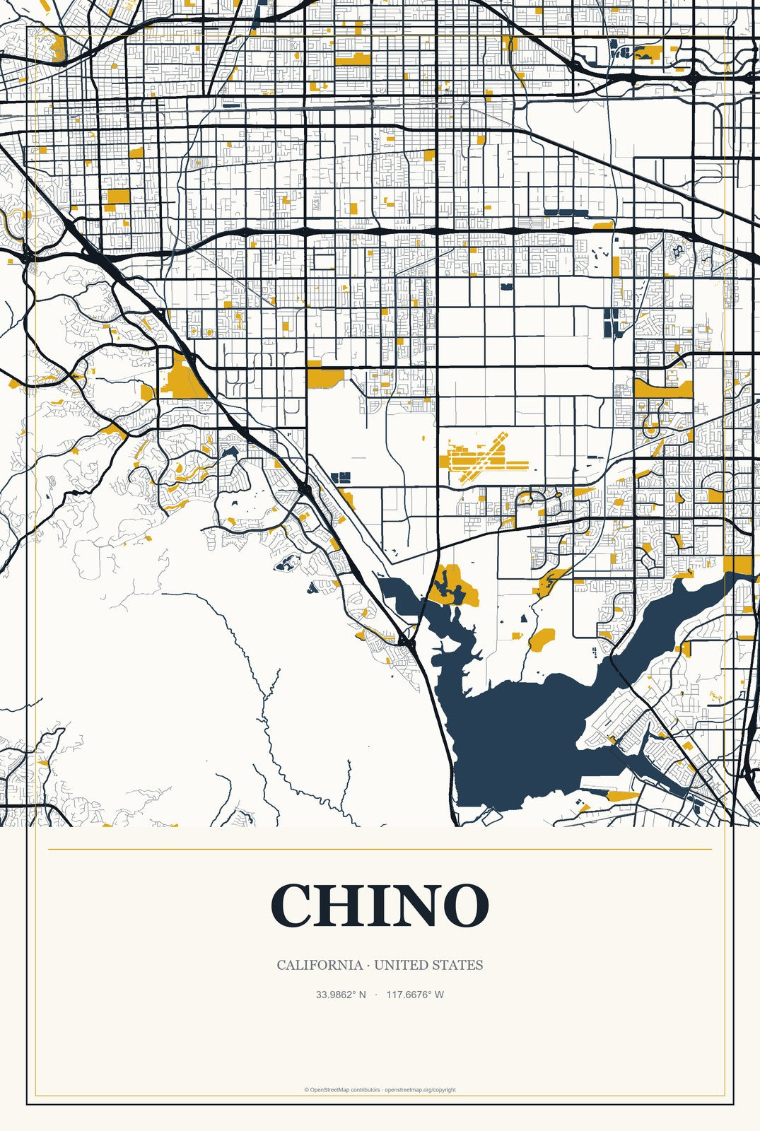 Chino, California City Map Aluminum Sign in Citrine Modern style