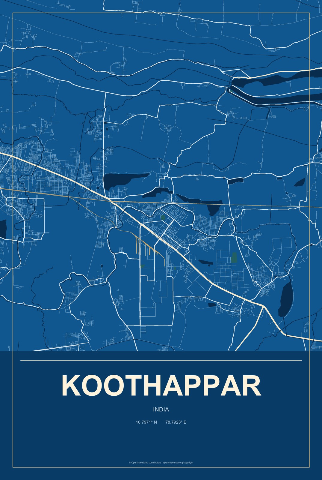 Koothappar, India City Map Aluminum Sign in Harbor Cobalt style