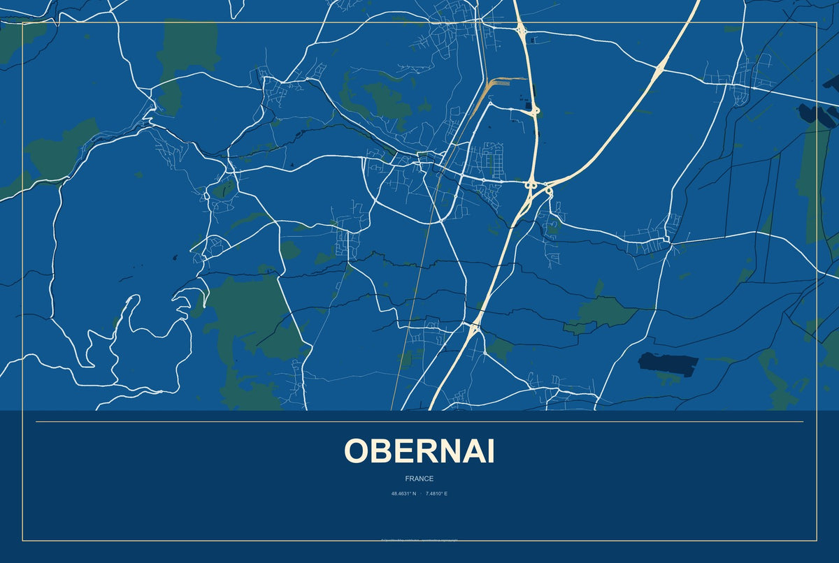 Obernai, France City Map Aluminum Sign in Harbor Cobalt style