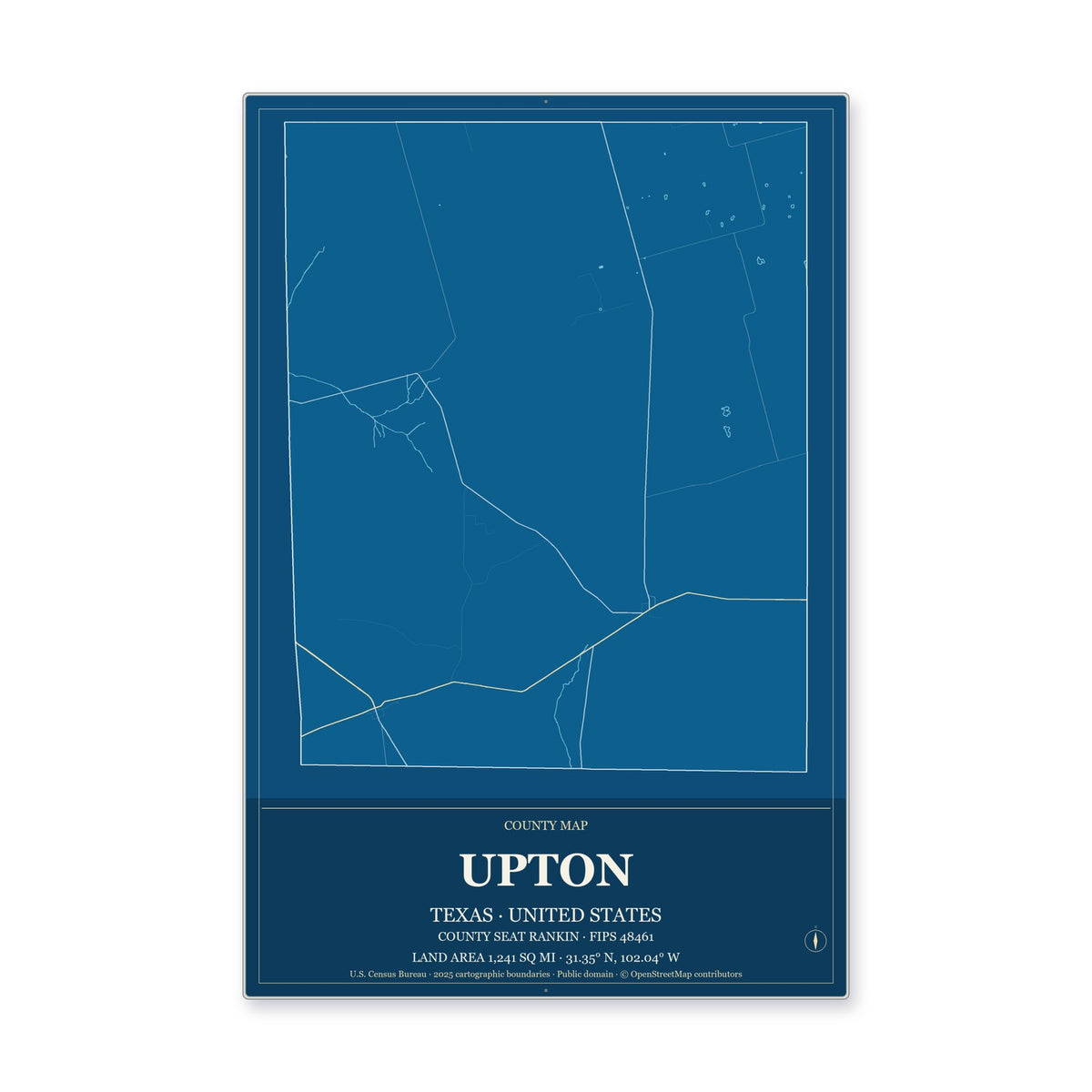 Upton County, Texas Map Aluminum Sign in Harbor Cobalt style