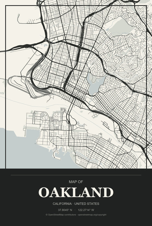 Oakland, California City Map Aluminum Sign in Museum Plaque style