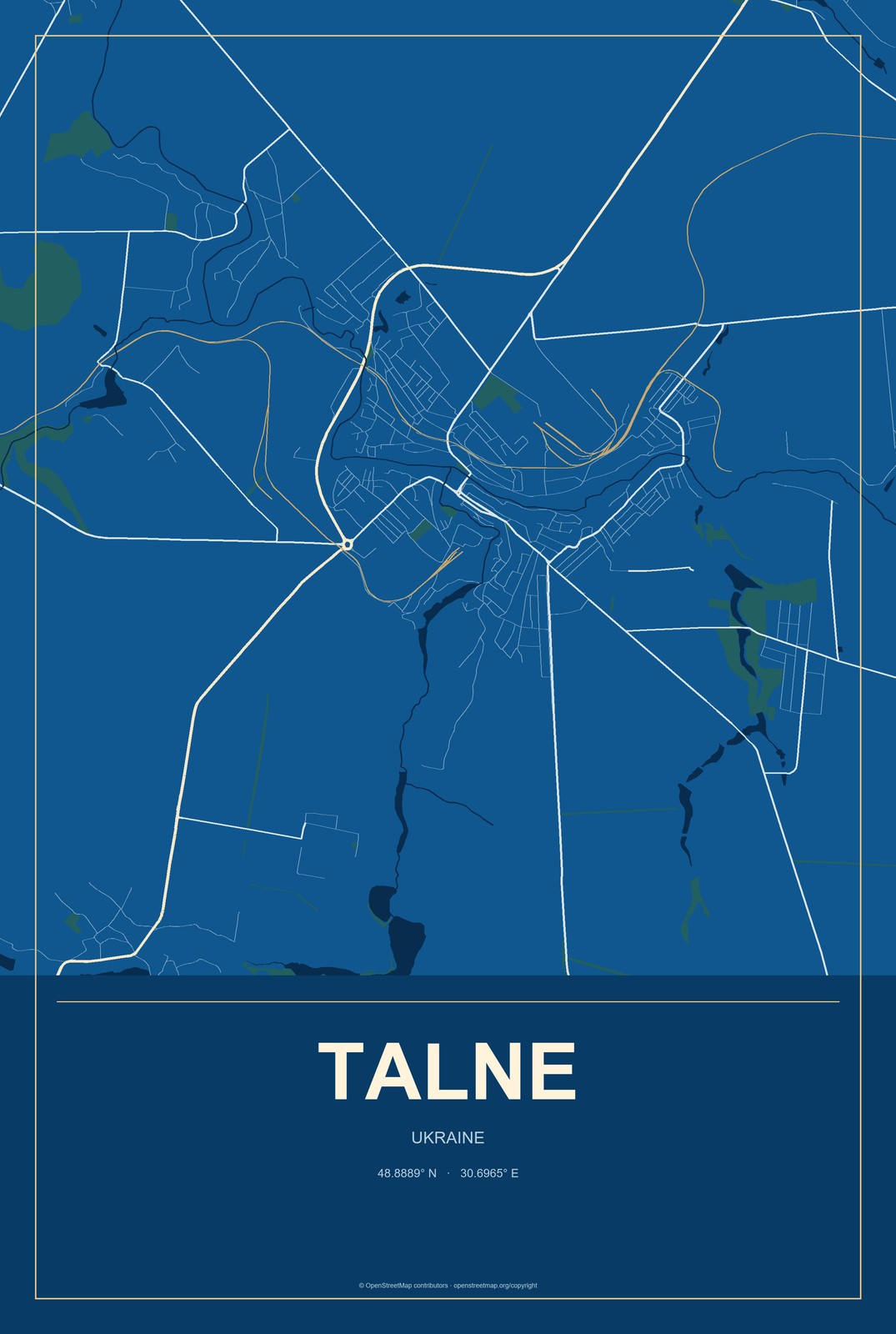 Talne, Ukraine City Map Aluminum Sign in Harbor Cobalt style