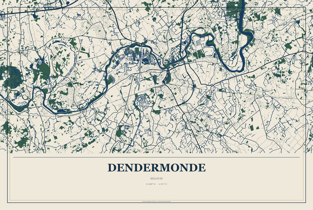 Dendermonde, Belgium City Map Aluminum Sign in Coastal Cutout style