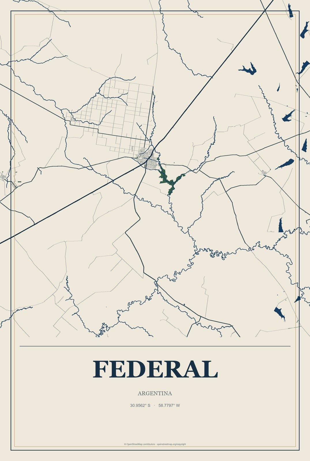Federal, Argentina City Map Aluminum Sign in Coastal Cutout style