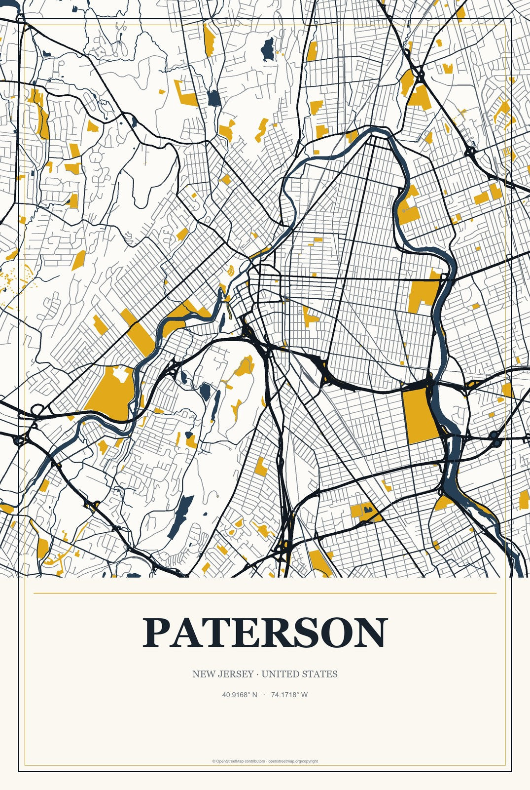 Paterson, New Jersey City Map Aluminum Sign in Citrine Modern style