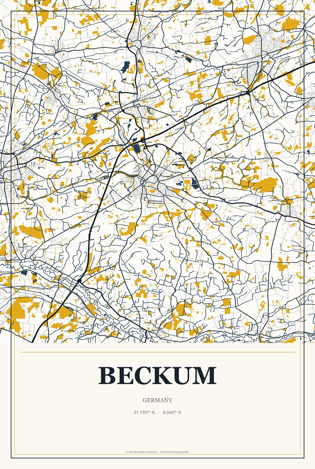 Beckum, Germany City Map Aluminum Sign in Citrine Modern style