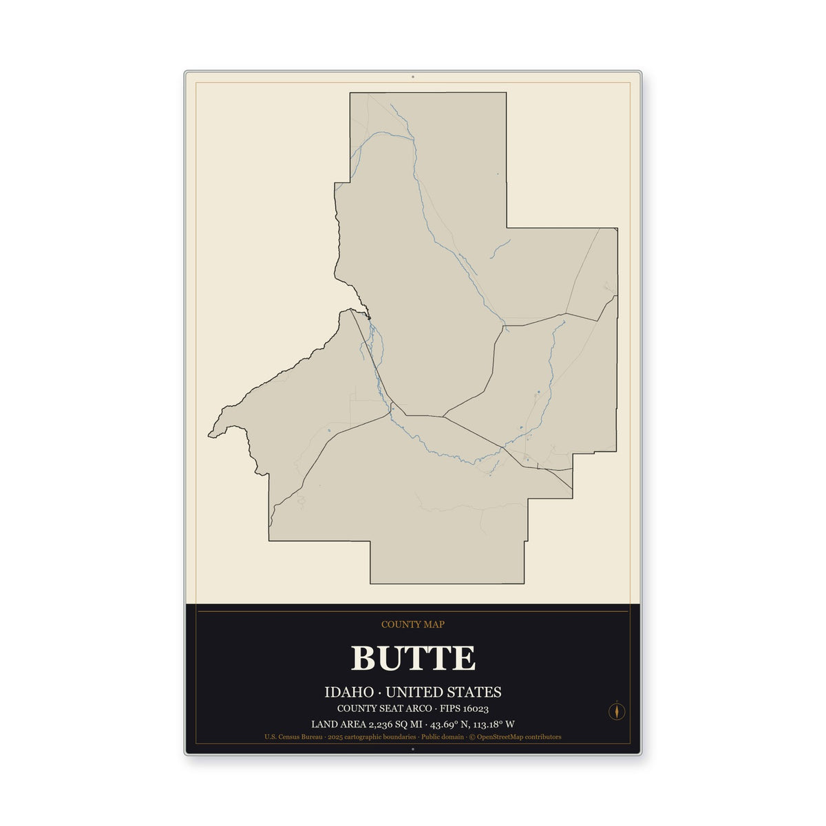 Butte County, Idaho Map Aluminum Sign in Museum Plaque style