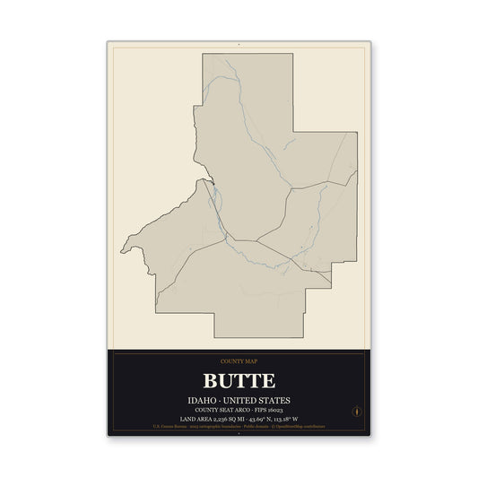 Butte County, Idaho Map Aluminum Sign in Museum Plaque style