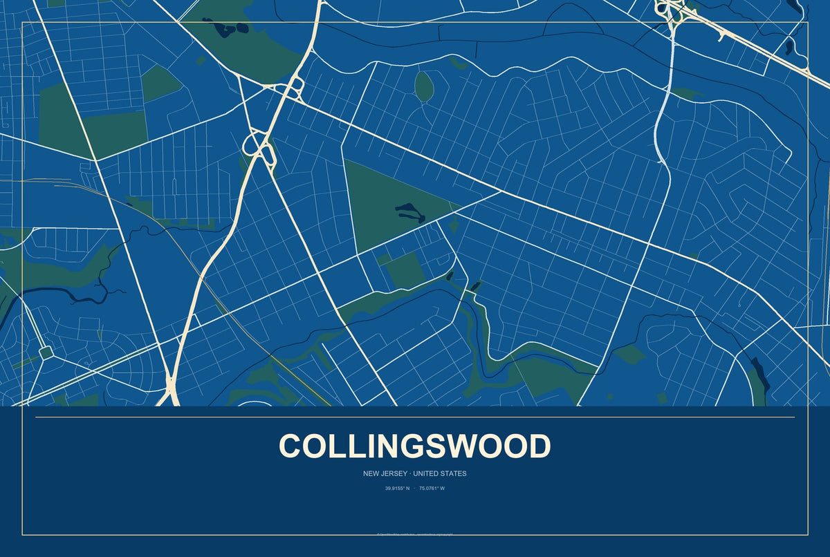 Collingswood, New Jersey City Map Aluminum Sign in Harbor Cobalt style