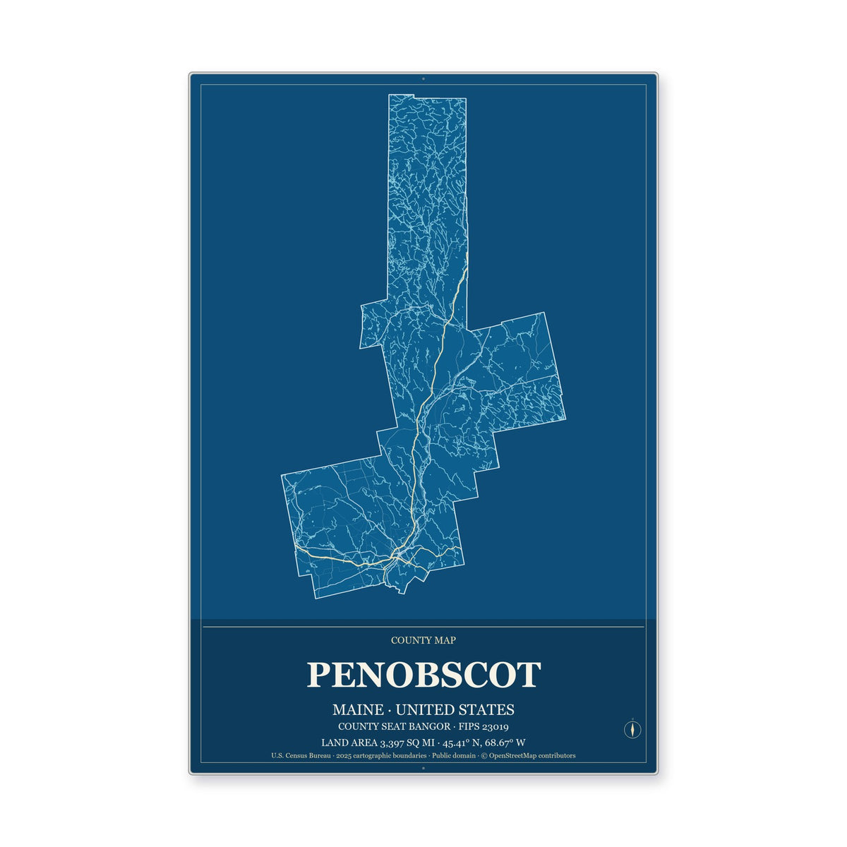 Penobscot County, Maine Map Aluminum Sign in Harbor Cobalt style