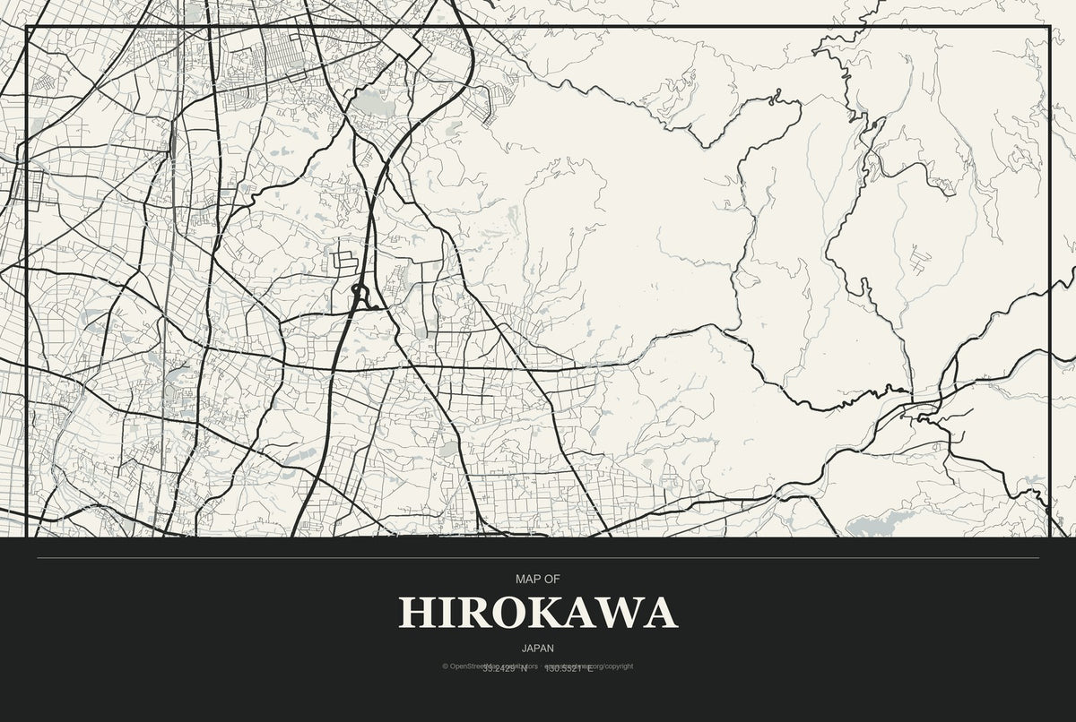 Hirokawa, Japan City Map Aluminum Sign in Museum Plaque style