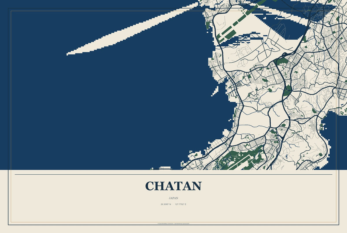 Chatan, Japan City Map Aluminum Sign in Coastal Cutout style