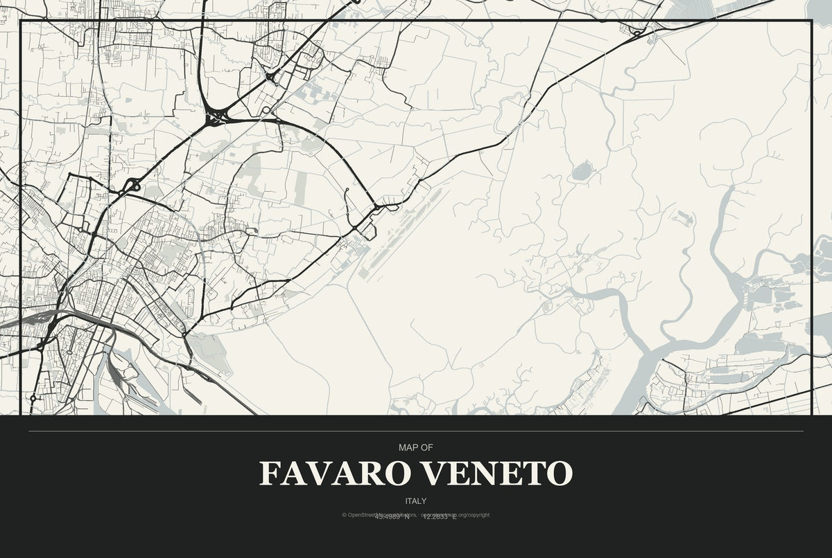 Favaro Veneto, Italy City Map Aluminum Sign in Museum Plaque style