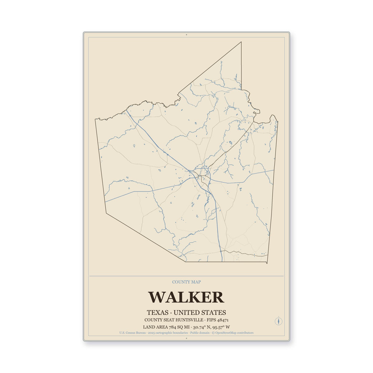 Walker County, Texas Map Aluminum Sign in Heritage Nautical style