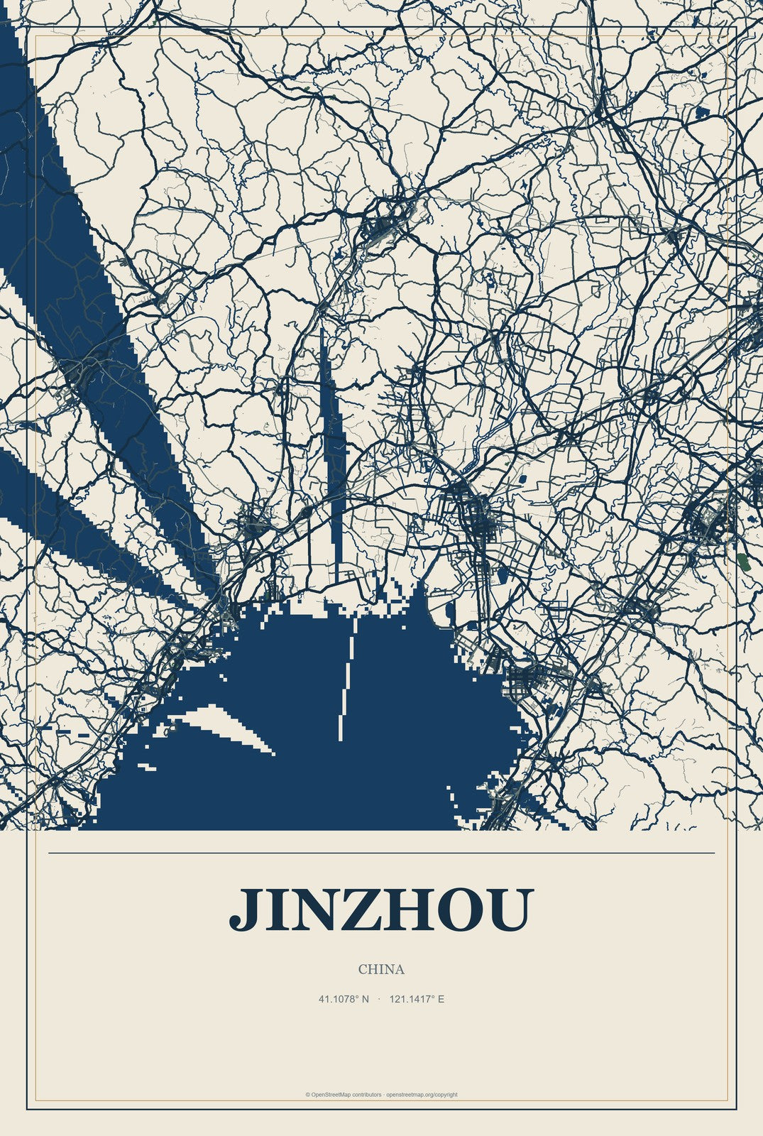 Jinzhou, China City Map Aluminum Sign in Coastal Cutout style