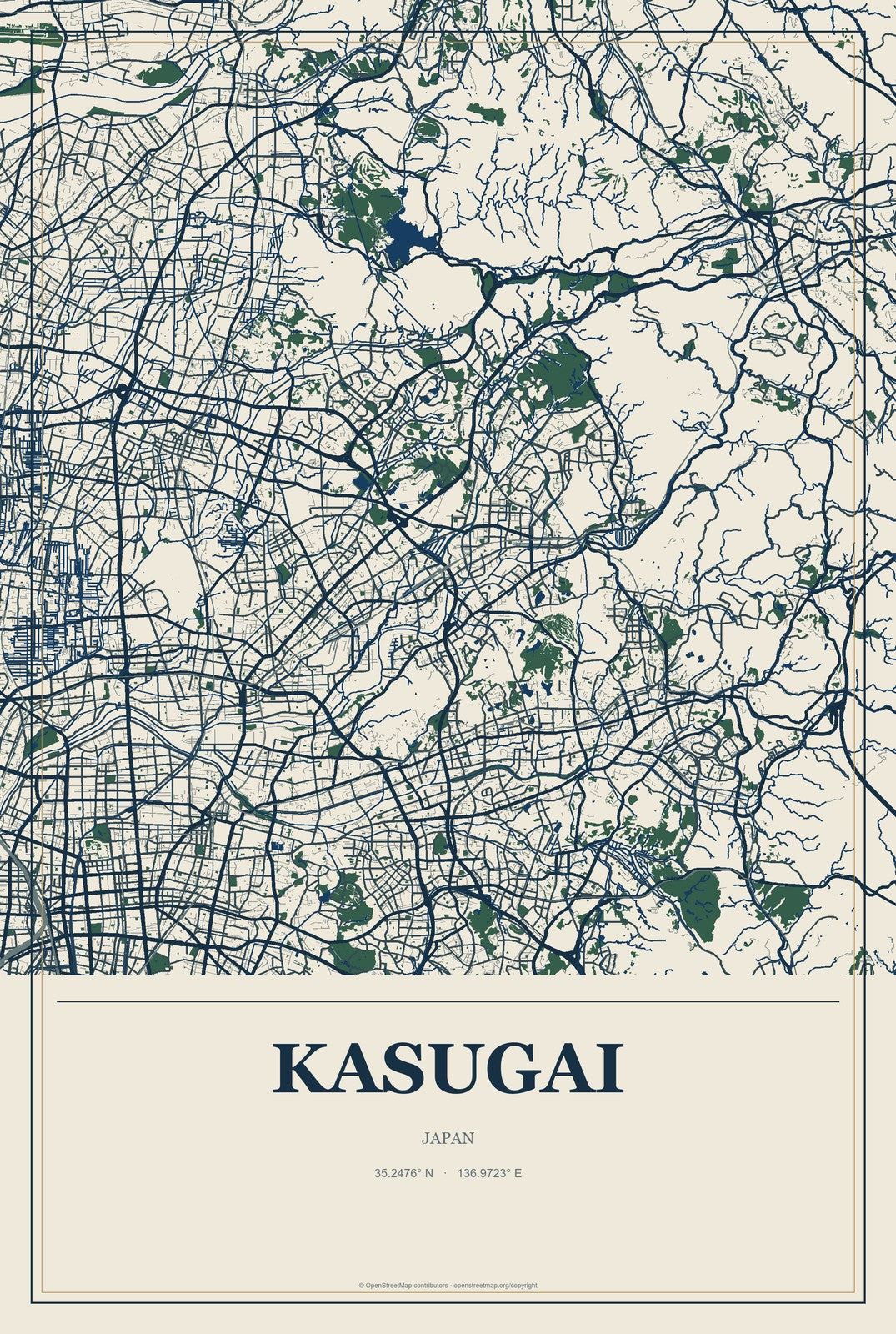Kasugai, Japan City Map Aluminum Sign in Coastal Cutout style