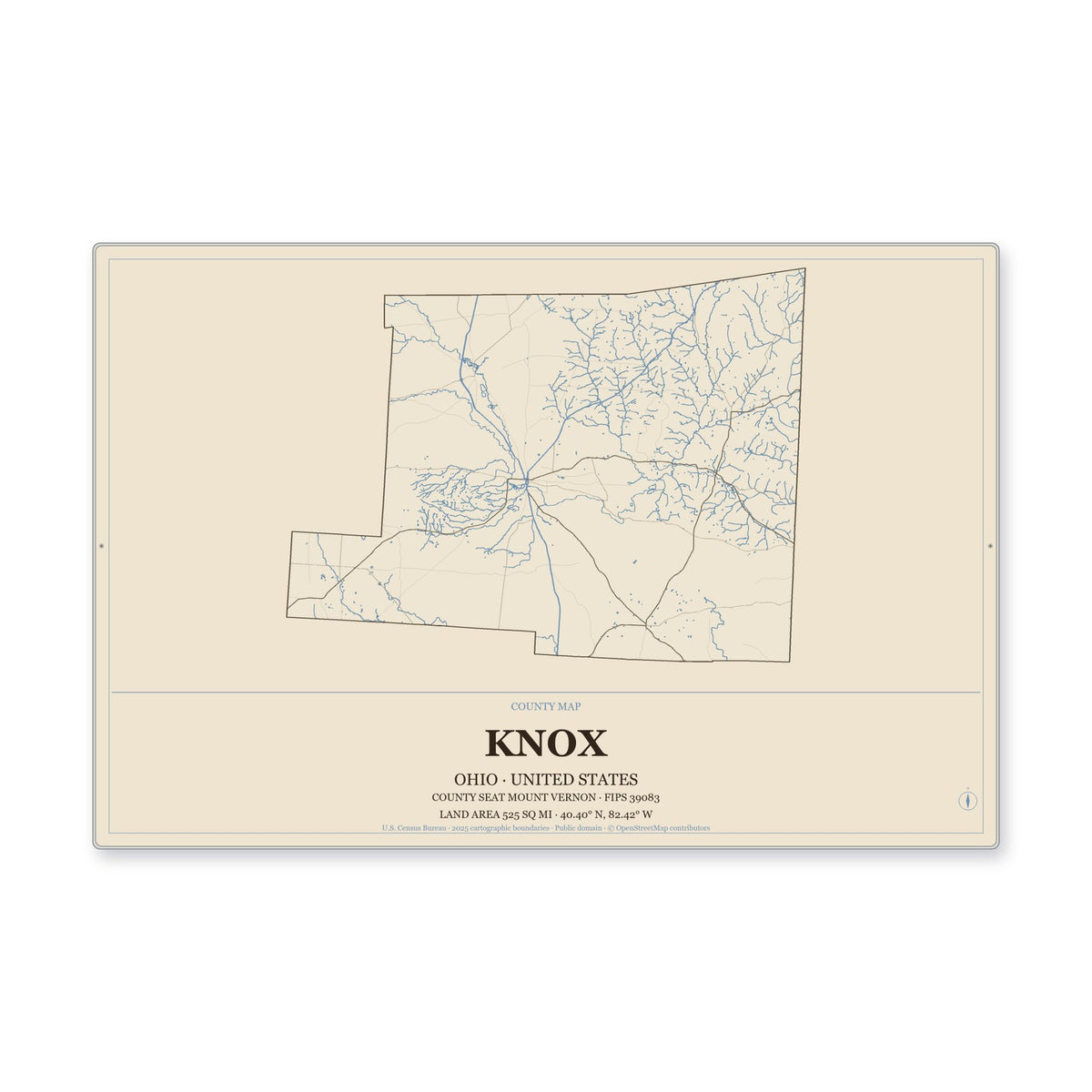 Knox County, Ohio Map Aluminum Sign in Heritage Nautical style