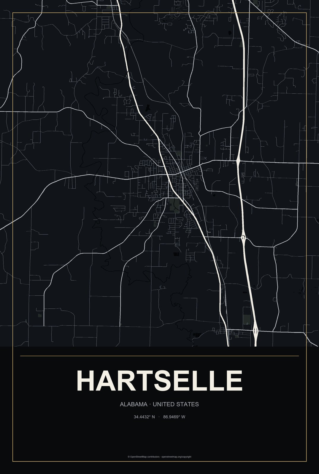 Hartselle, Alabama City Map Aluminum Sign in Metropolitan Noir style