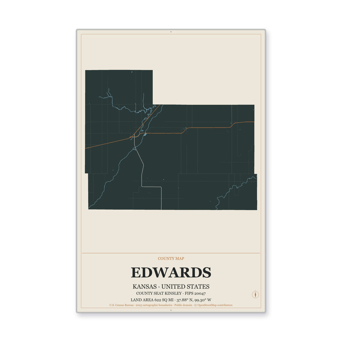 Edwards County, Kansas Map Aluminum Sign in Headline Atlas style