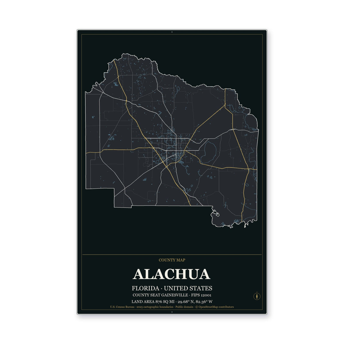 Alachua County, Florida Map Aluminum Sign in Metropolitan Noir style