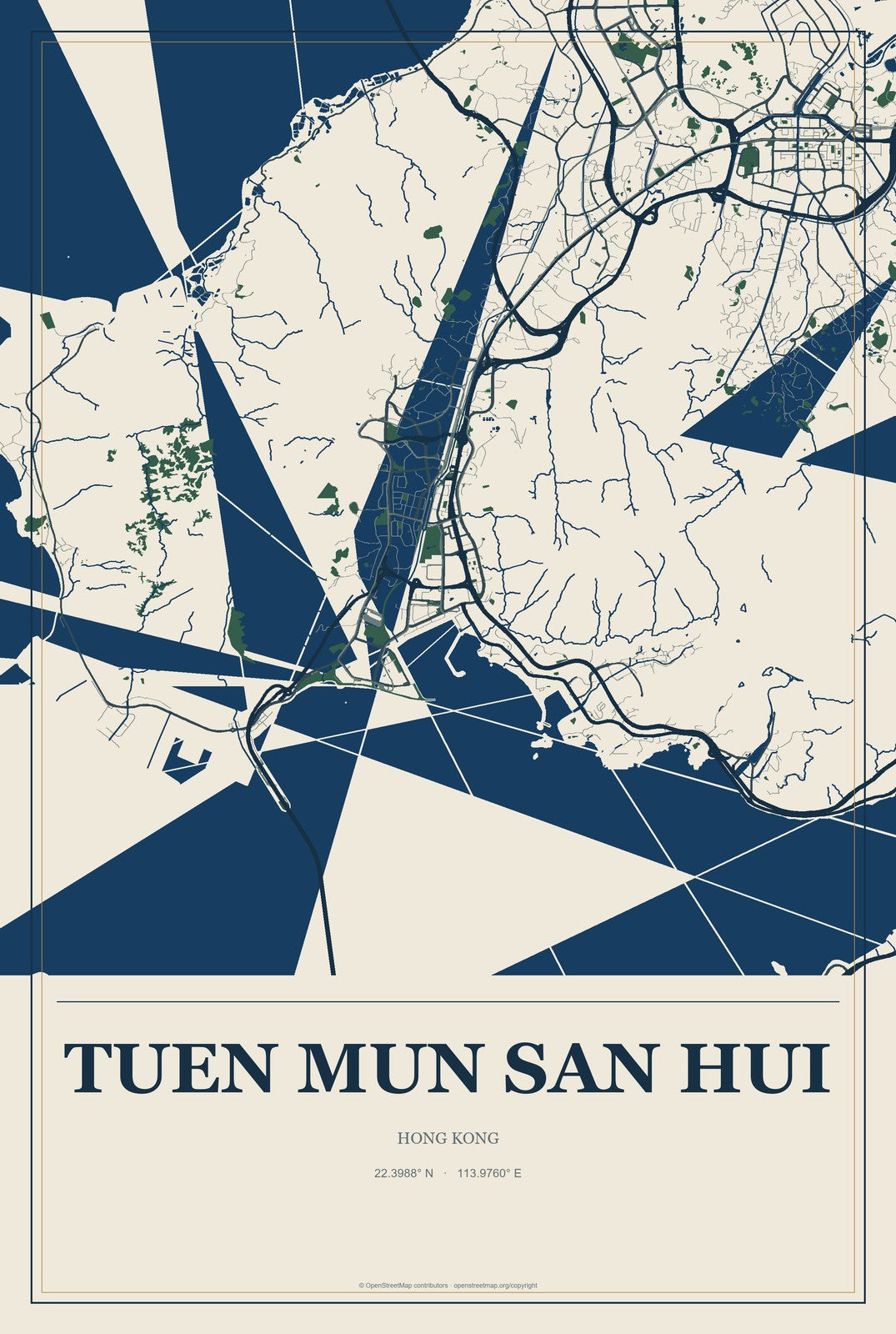Tuen Mun San Hui, Hong Kong City Map Aluminum Sign in Coastal Cutout style