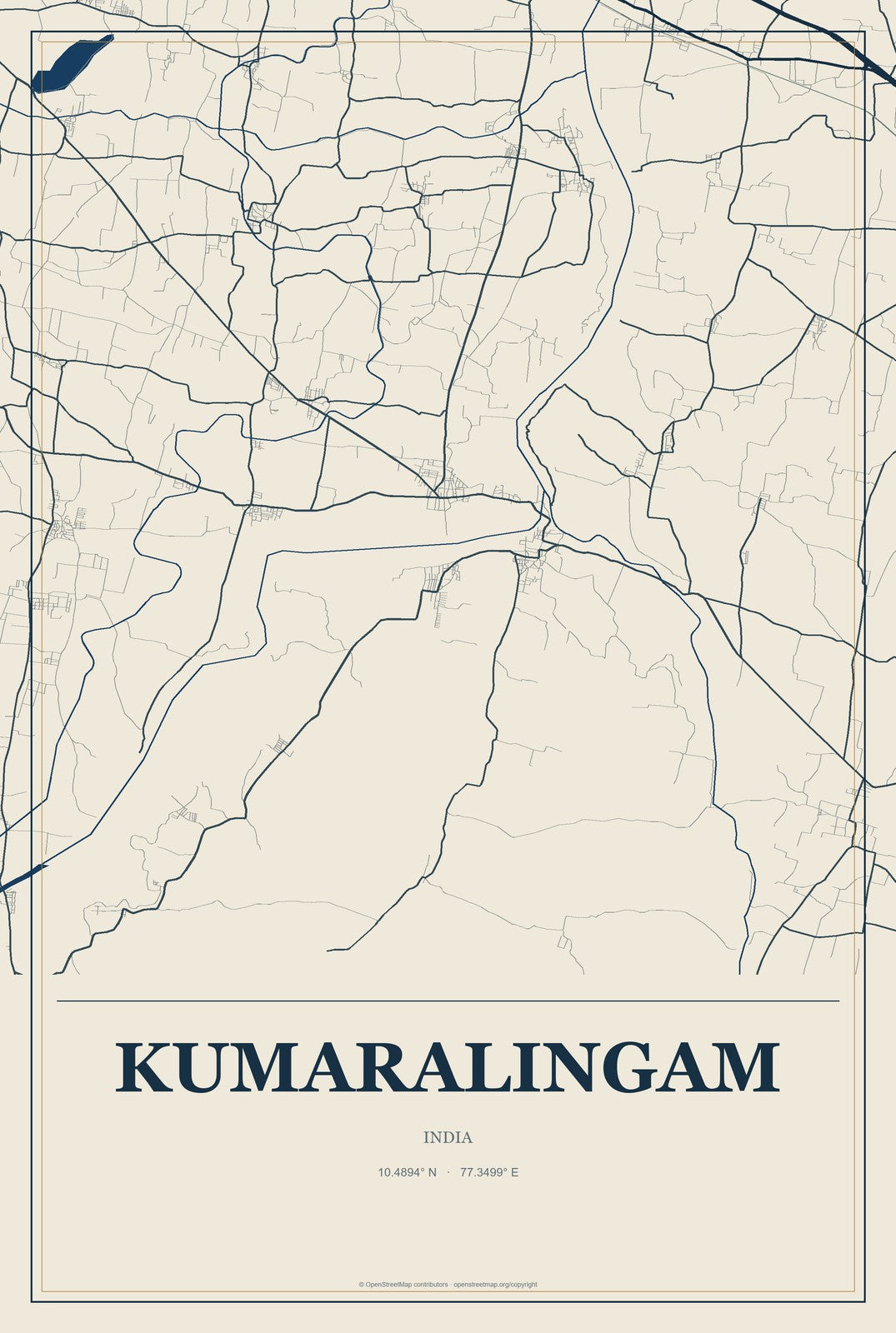 Kumaralingam, India City Map Aluminum Sign in Coastal Cutout style