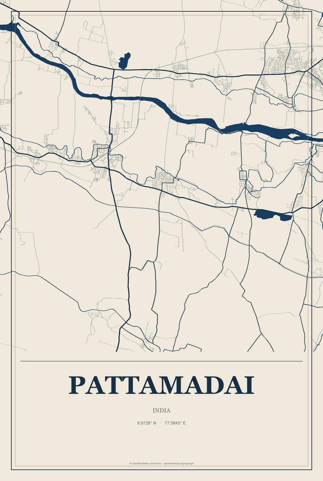 Pattamadai, India City Map Aluminum Sign in Coastal Cutout style