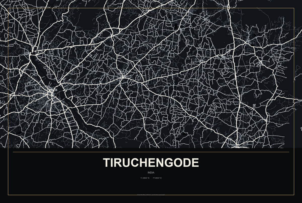 Tiruchengode, India City Map Aluminum Sign in Metropolitan Noir style