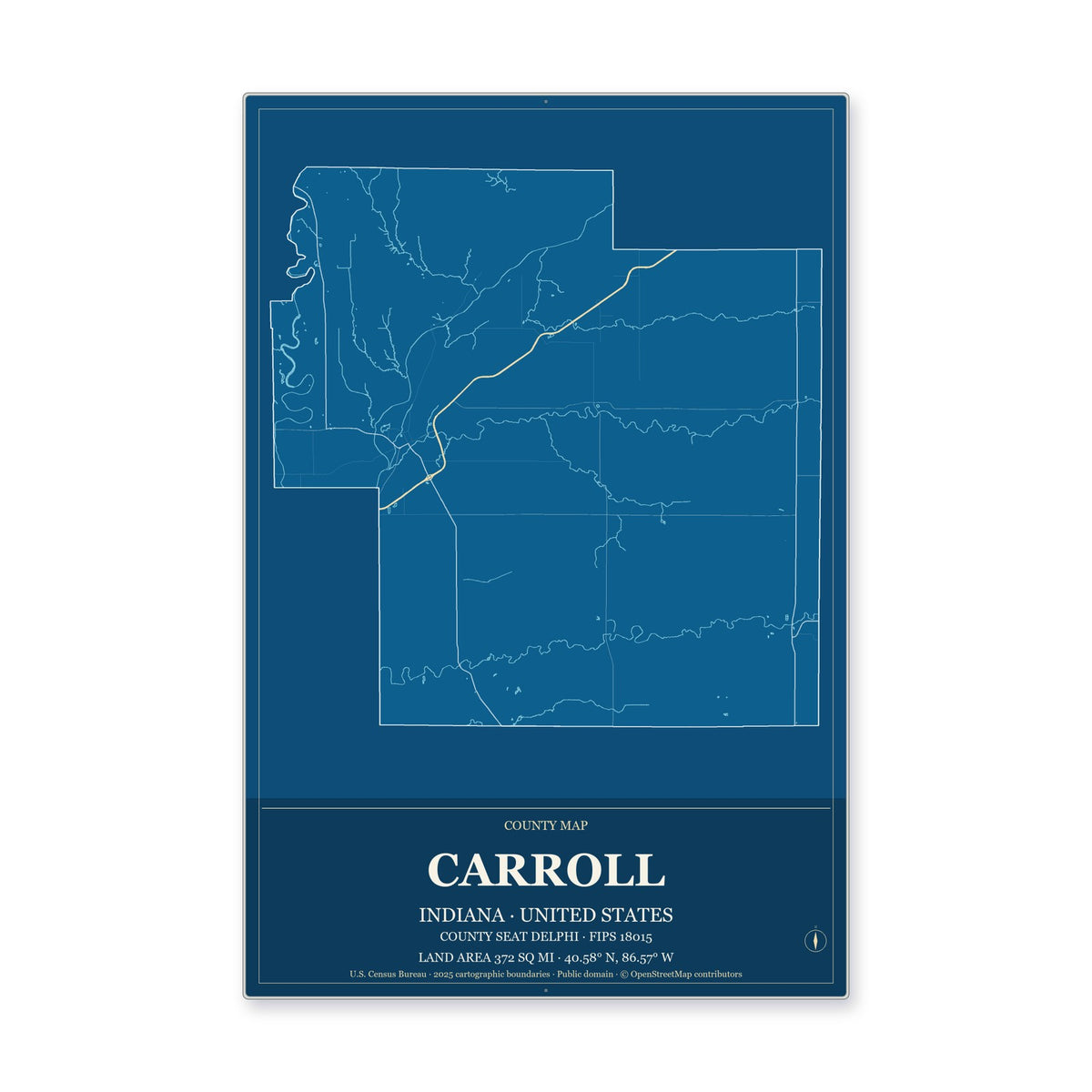 Carroll County, Indiana Map Aluminum Sign in Harbor Cobalt style