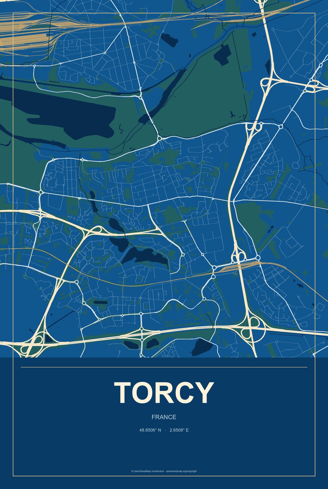 Torcy, France City Map Aluminum Sign in Harbor Cobalt style