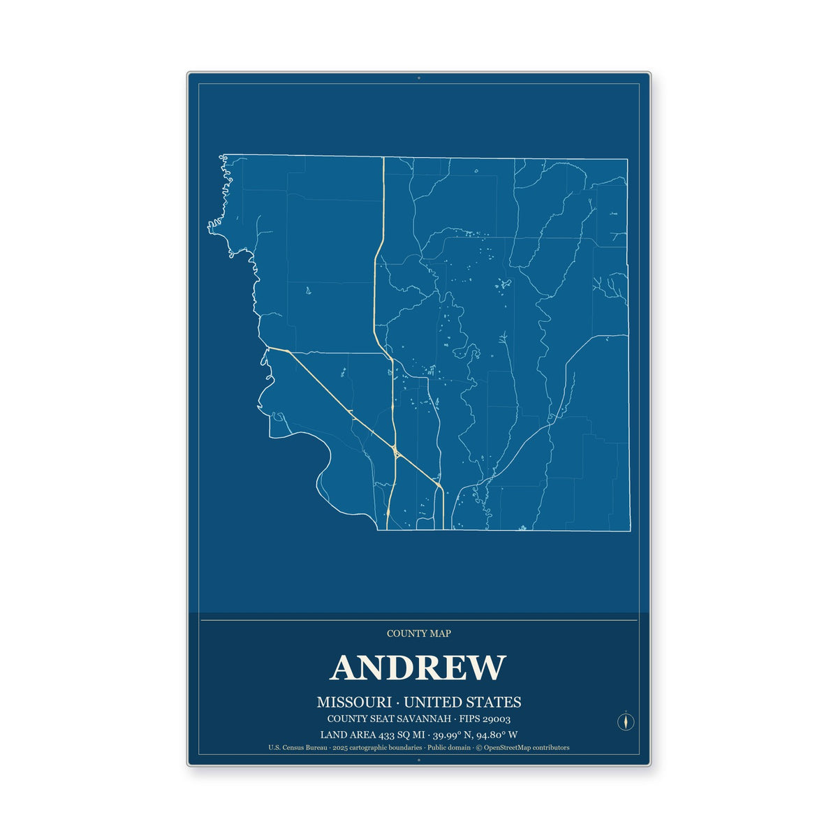 Andrew County, Missouri Map Aluminum Sign in Harbor Cobalt style