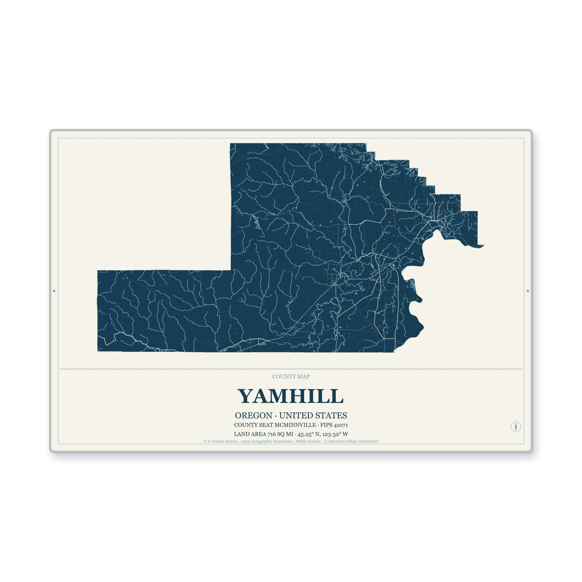 Yamhill County, Oregon Map Aluminum Sign in Coastal Cutout style
