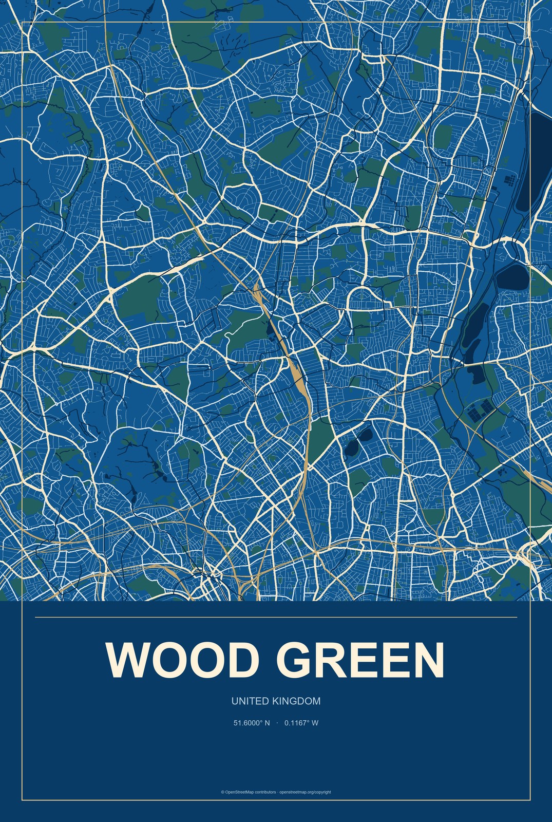Wood Green, United Kingdom City Map Aluminum Sign in Harbor Cobalt style
