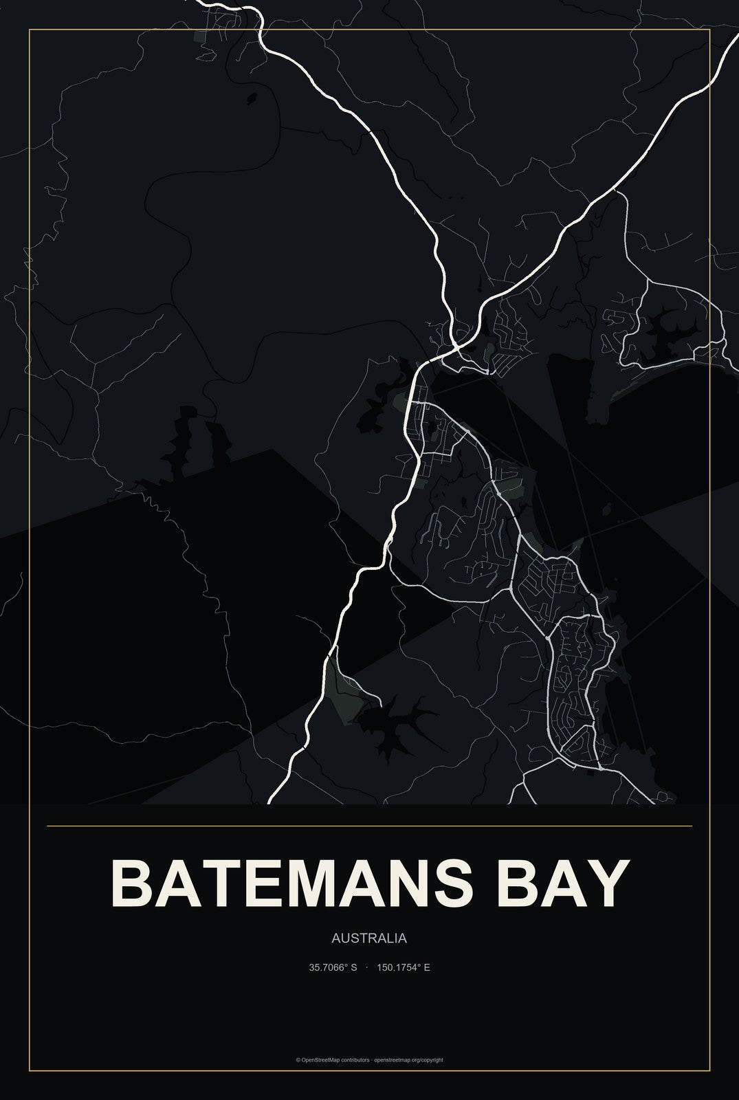 Batemans Bay, Australia City Map Aluminum Sign in Metropolitan Noir style