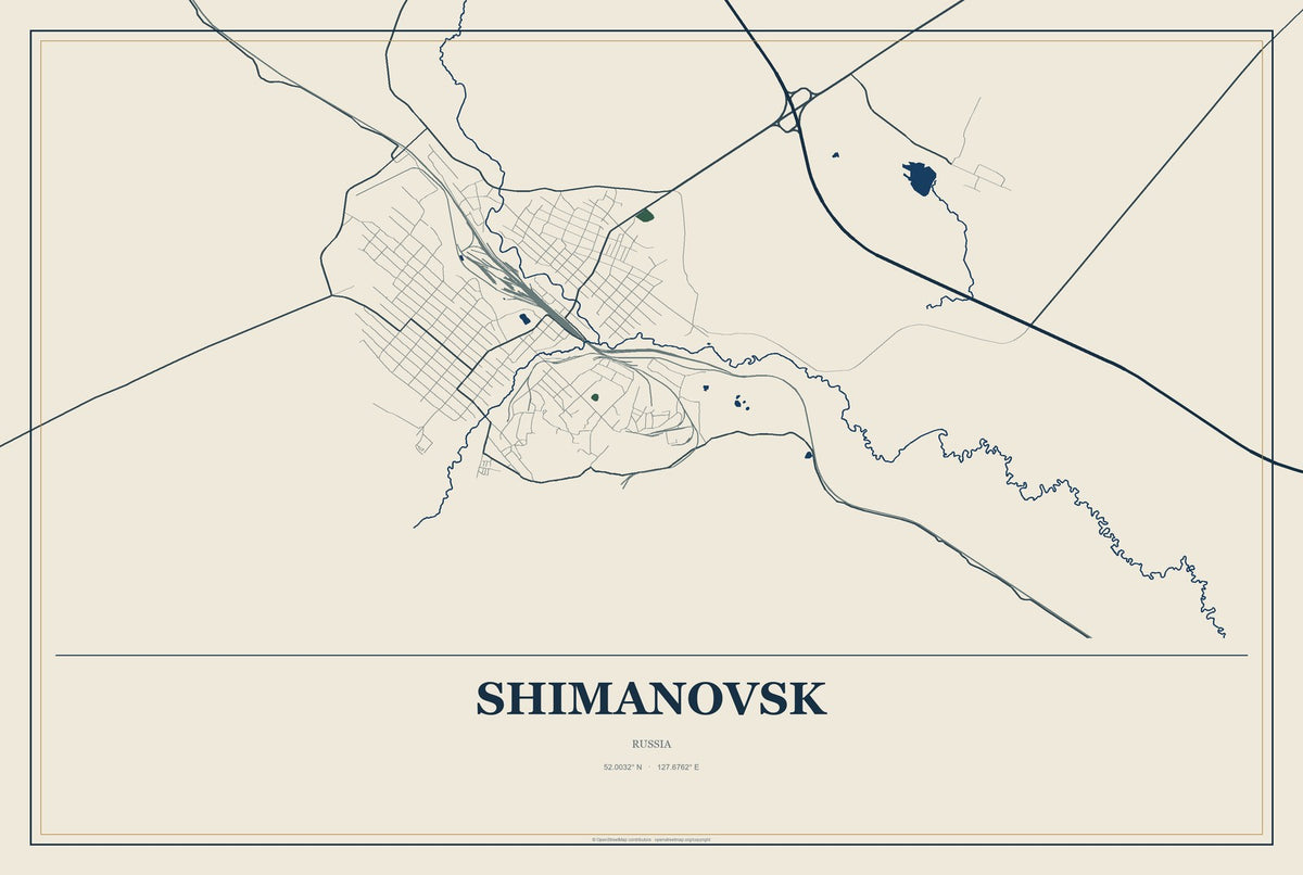 Shimanovsk, Russia City Map Aluminum Sign in Coastal Cutout style