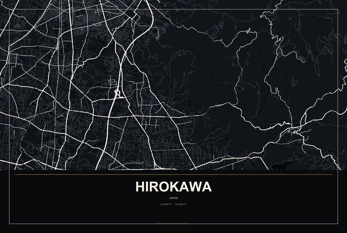 Hirokawa, Japan City Map Aluminum Sign in Metropolitan Noir style