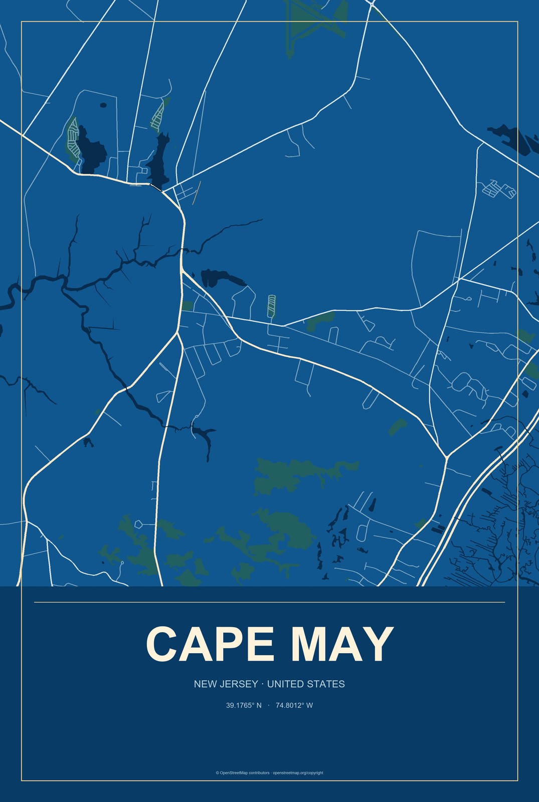 Cape May, New Jersey City Map Aluminum Sign in Harbor Cobalt style