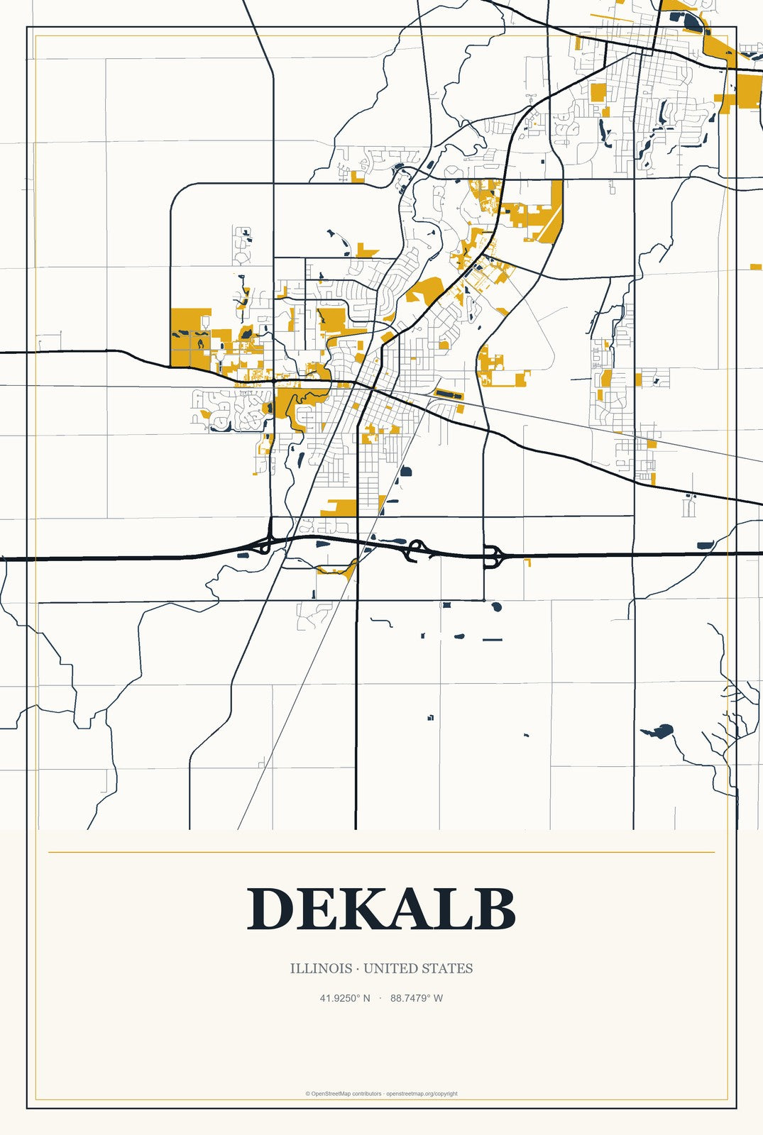DeKalb, Illinois City Map Aluminum Sign in Citrine Modern style