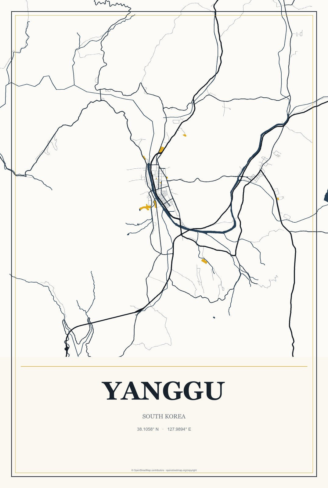 Yanggu, South Korea City Map Aluminum Sign in Citrine Modern style